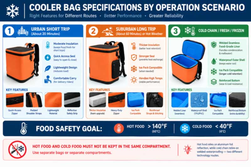 food delivery bag specification by route length and temperature zone, hot versus chilled construction food delivery bag specification by route length and temperature zone, hot versus chilled construction