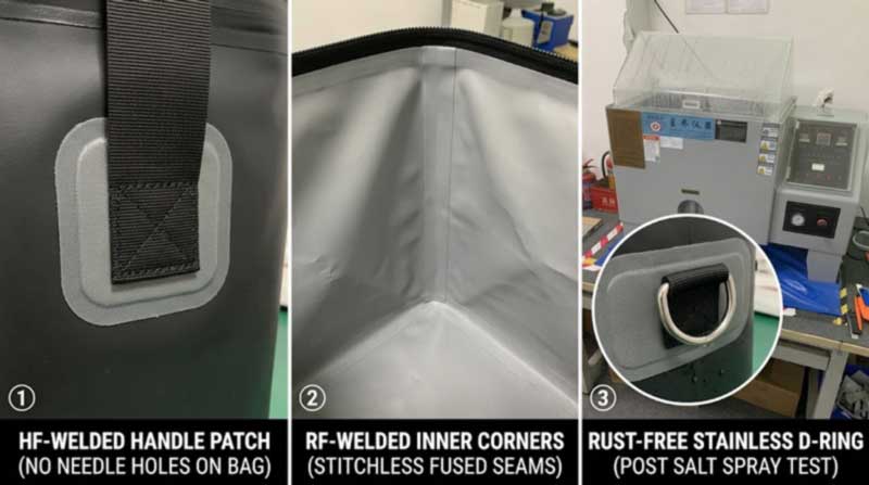 welded handle anchor patch, welded liner seam and salt-spray tested hardware on a soft cooler bag