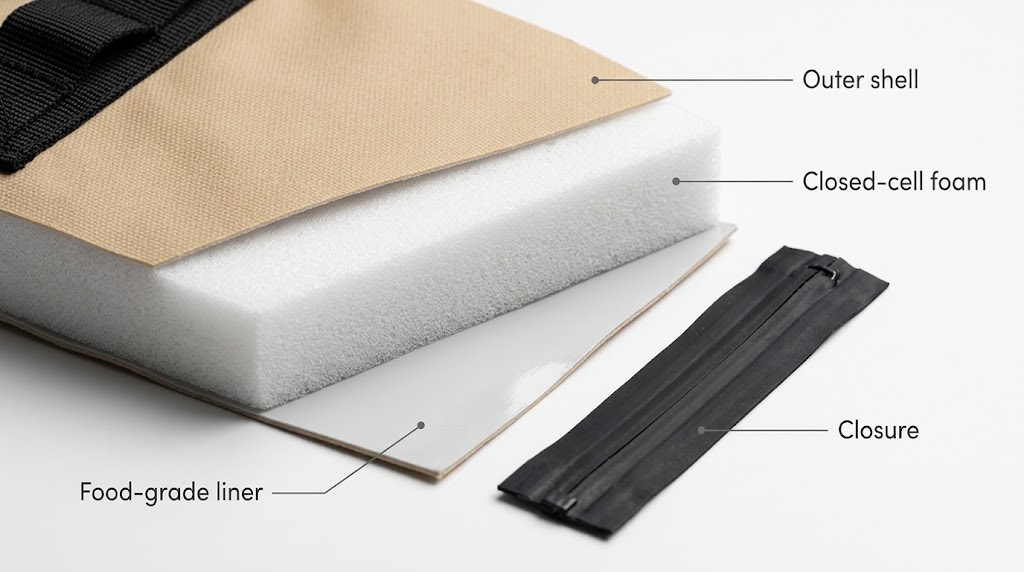 cross-section of a soft sided cooler wall: outer shell, closed-cell foam and food-grade liner