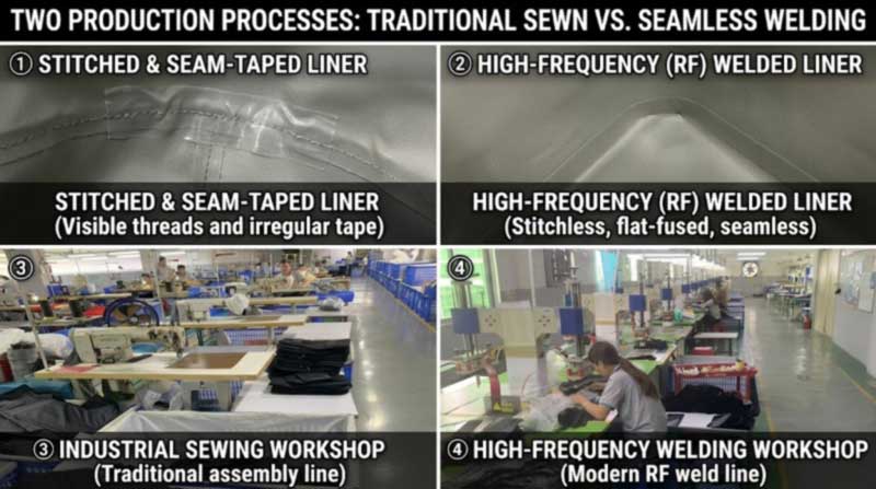 sewn and taped liner seam next to a high-frequency welded liner seam in soft sided coolers